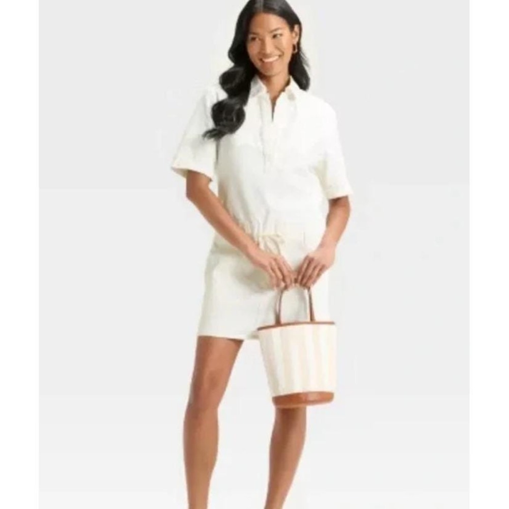 Women's Universal Thread Short Sleeve Drop Waist Drawstring Denim Mini Dress L - Picture 3 of 5